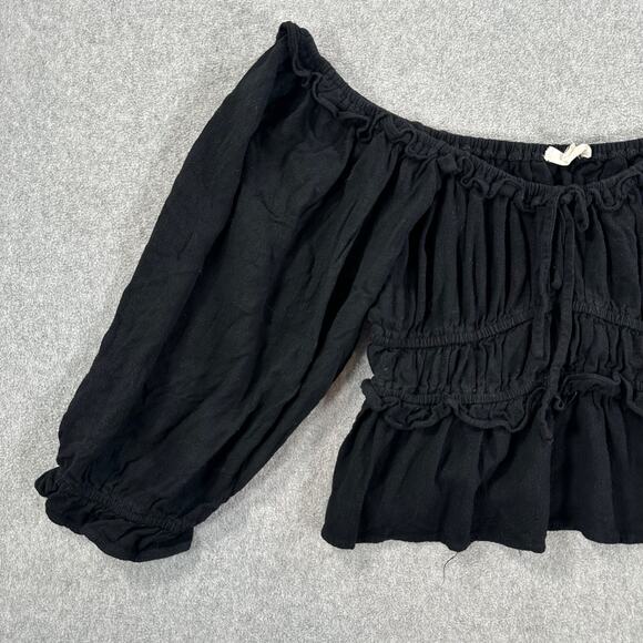 Entro Off Shoulder Cropped Peasant Blouse Women's Medium Black Pleated Ruffle - Picture 2 of 7